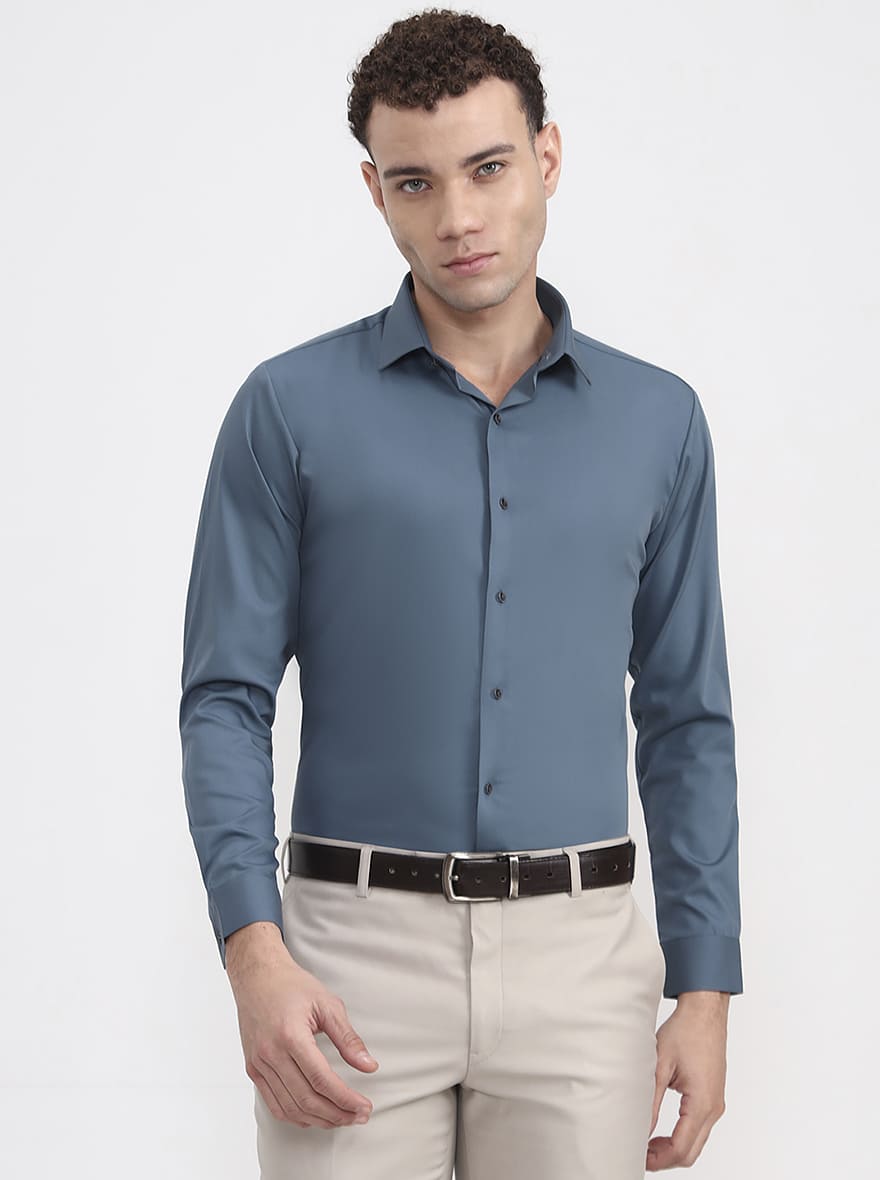 Blue Solid Slim Fit Party Wear Shirt | Wyre
