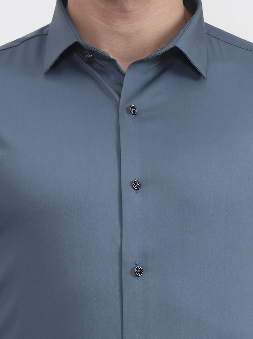 Blue Solid Slim Fit Party Wear Shirt | Wyre