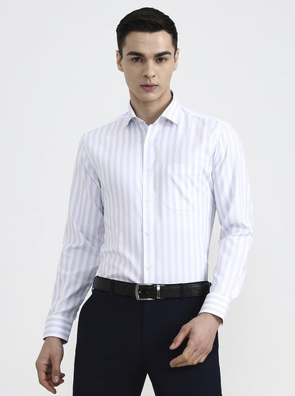 White & Blue Striped Slim Fit Formal Shirt | Greenfibre