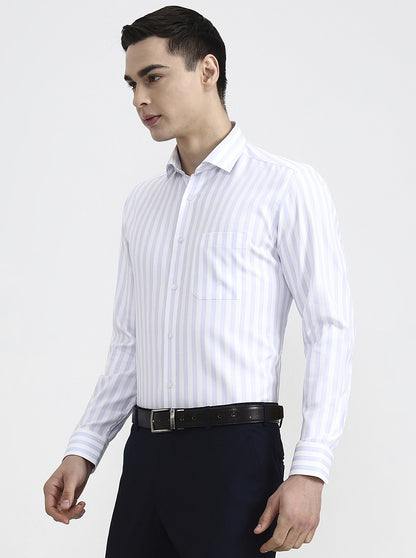 White & Blue Striped Slim Fit Formal Shirt | Greenfibre