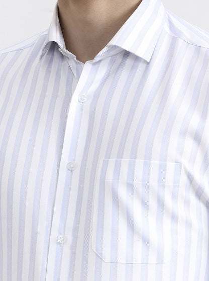 White & Blue Striped Slim Fit Formal Shirt | Greenfibre
