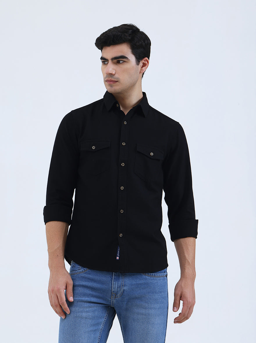Black Solid Slim Fit Casual Shirt | Greenfibre