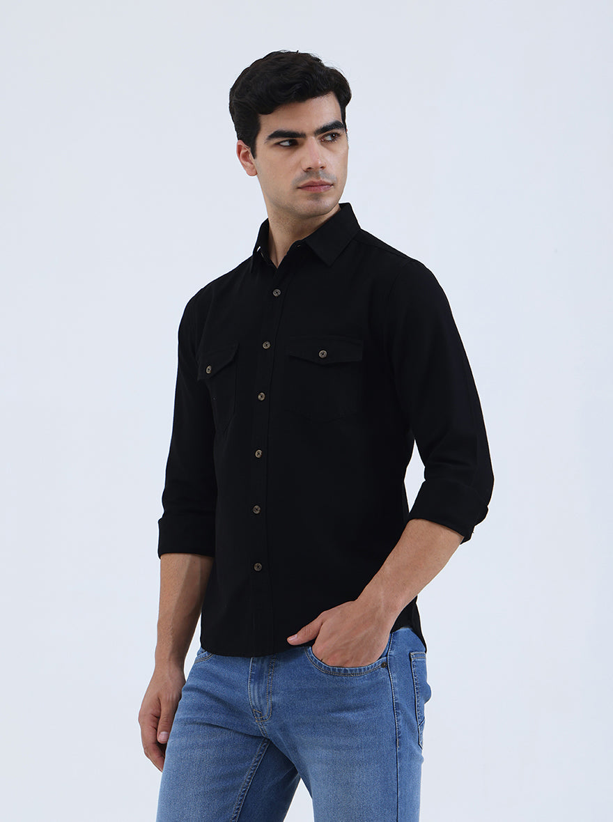 Black Solid Slim Fit Casual Shirt | Greenfibre