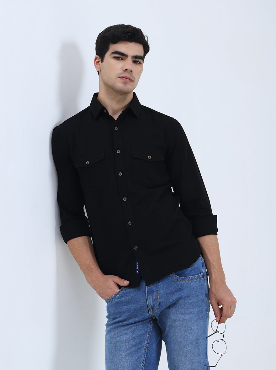 Black Solid Slim Fit Casual Shirt | Greenfibre
