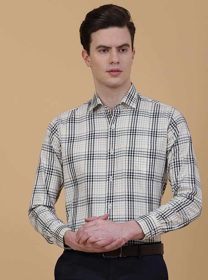 Cream Checked Slim Fit Formal Shirt | Metal