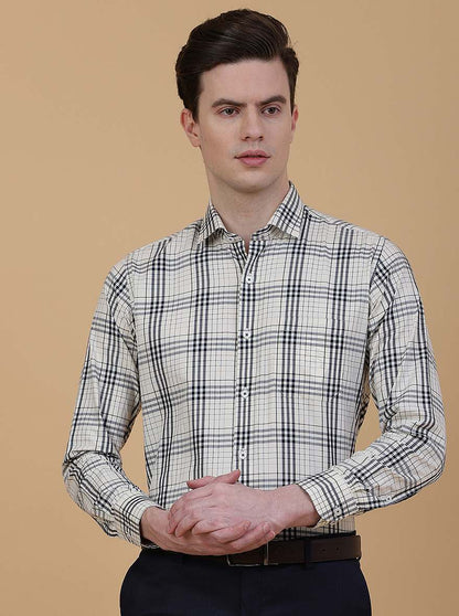 Cream Checked Slim Fit Formal Shirt | Metal
