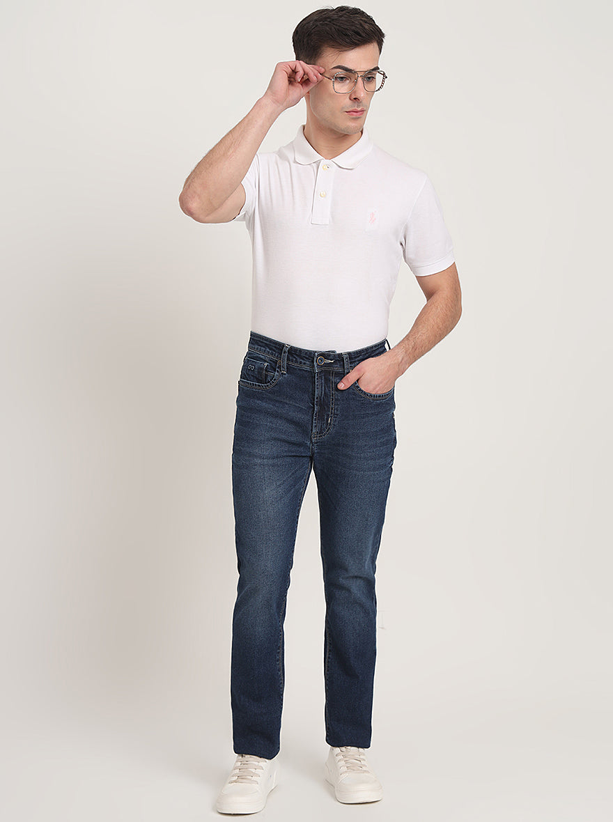 Mid Indigo Blue Washed Straight Fit Jeans | JadeBlue