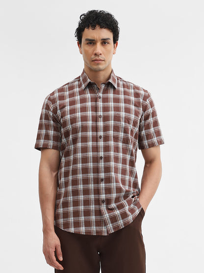 Brown Checked Tailored Fit Semi Casual Shirt | JadeBlue