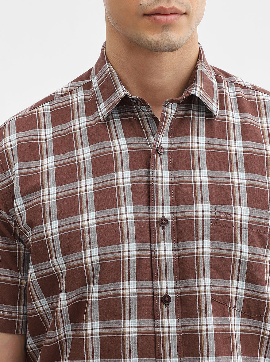 Brown Checked Tailored Fit Semi Casual Shirt | JadeBlue