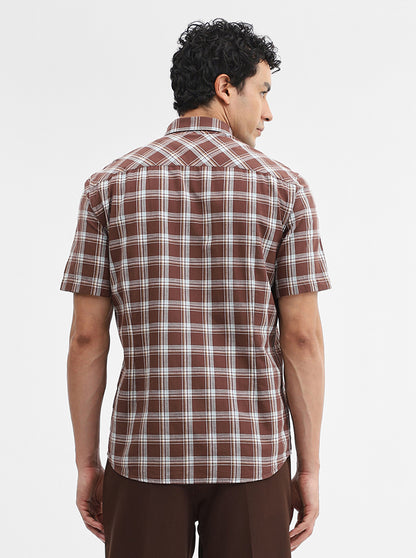 Brown Checked Tailored Fit Semi Casual Shirt | JadeBlue