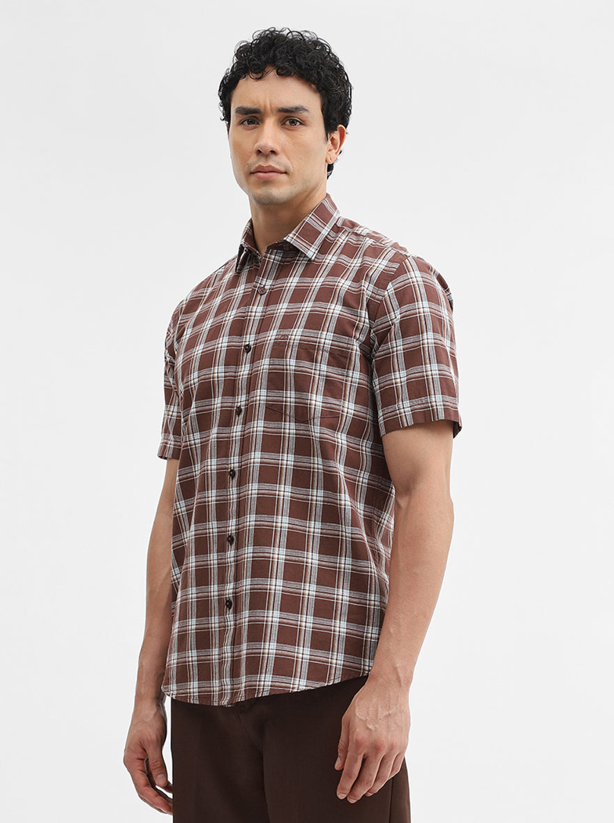 Brown Checked Tailored Fit Semi Casual Shirt | JadeBlue