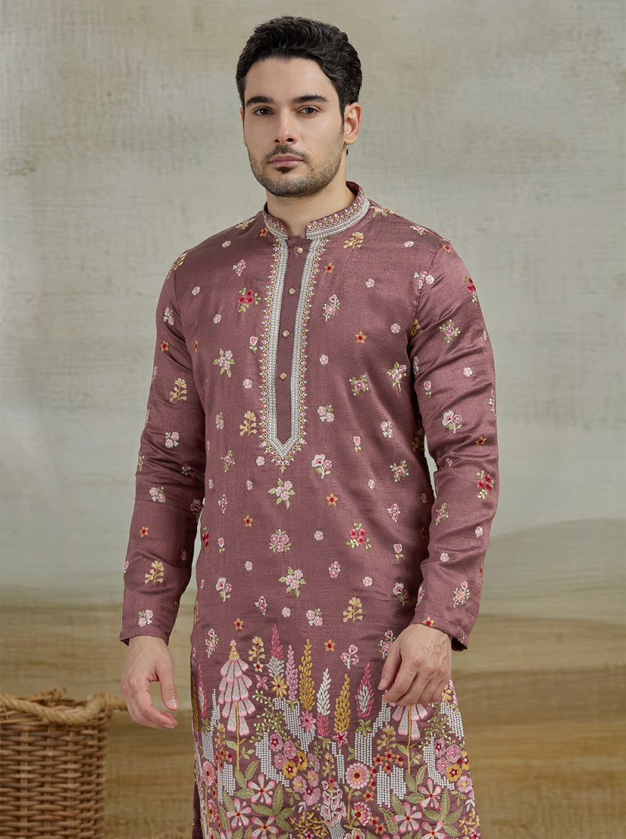 Wine Embroidered Kurta Pajama | Virasana