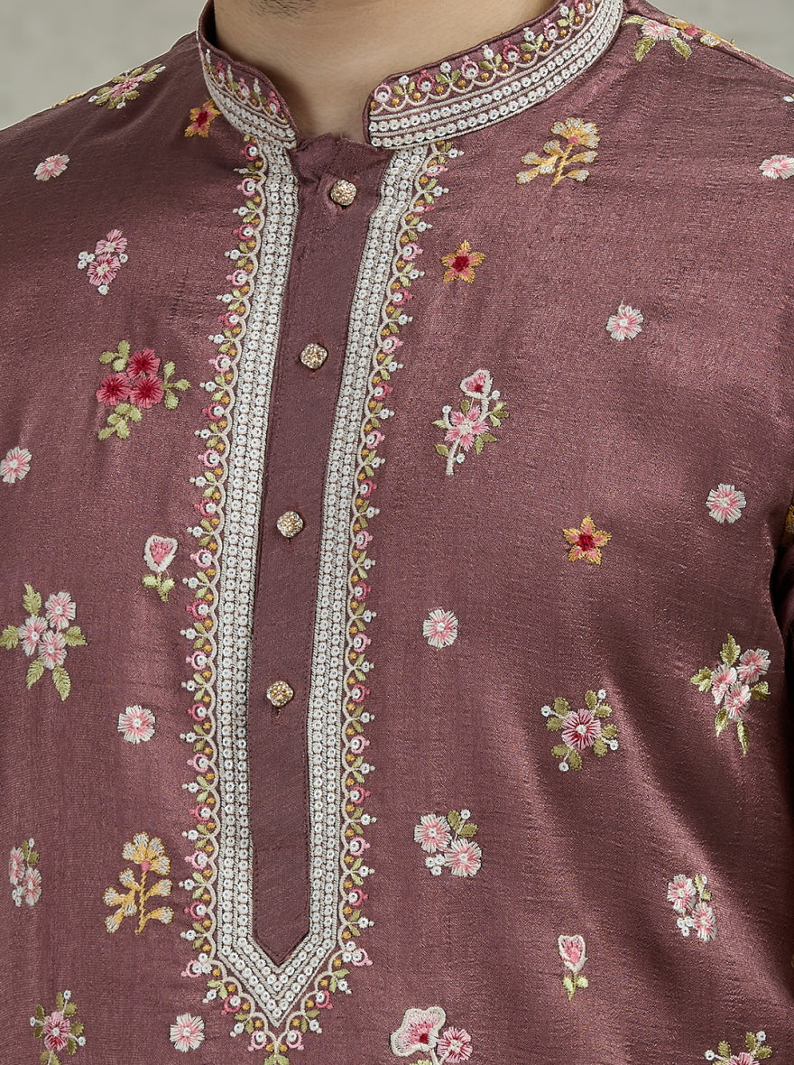 Wine Embroidered Kurta Pajama | Virasana
