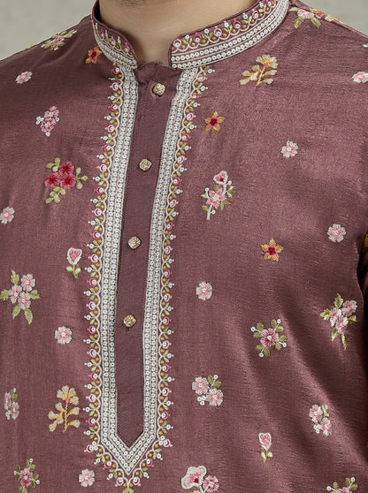 Wine Embroidered Kurta Pajama | Virasana