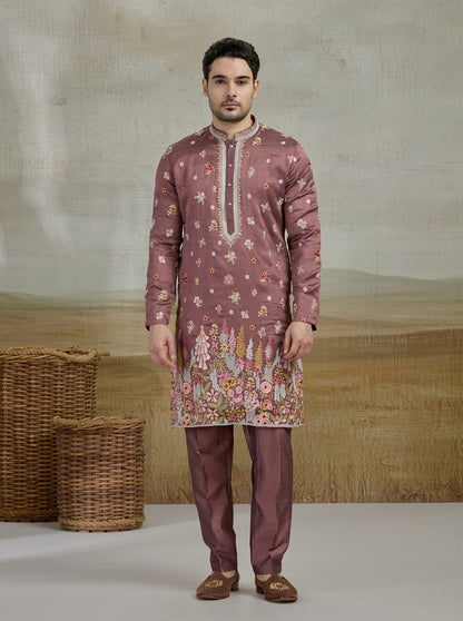Wine Embroidered Kurta Pajama | Virasana
