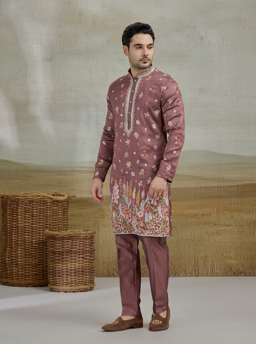 Wine Embroidered Kurta Pajama | Virasana