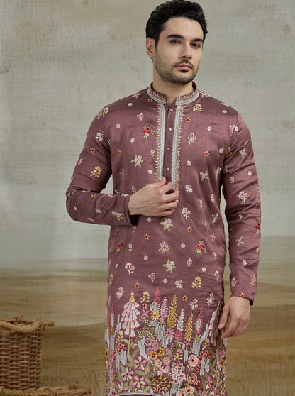 Wine Embroidered Kurta Pajama | Virasana