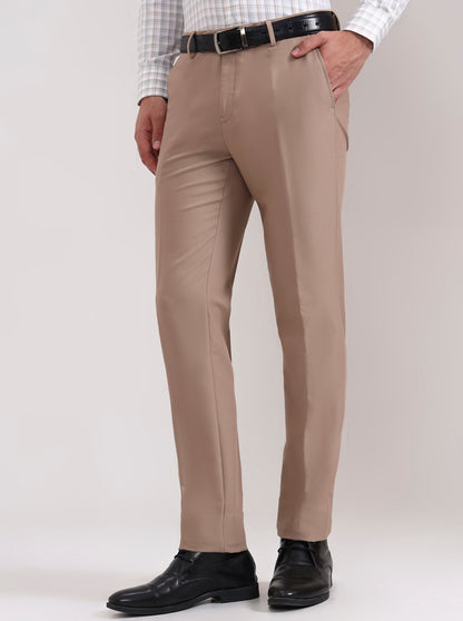 Khaki Solid Slim Fit Formal Trouser | Metal