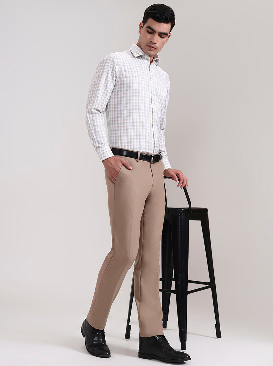 Khaki Solid Slim Fit Formal Trouser | Metal