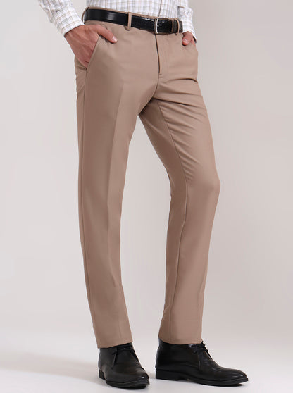 Khaki Solid Slim Fit Formal Trouser | Metal