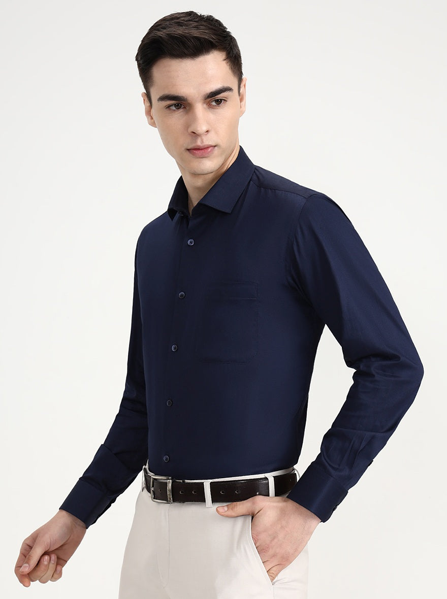 Navy Blue Solid Slim Fit Formal Shirt | Greenfibre