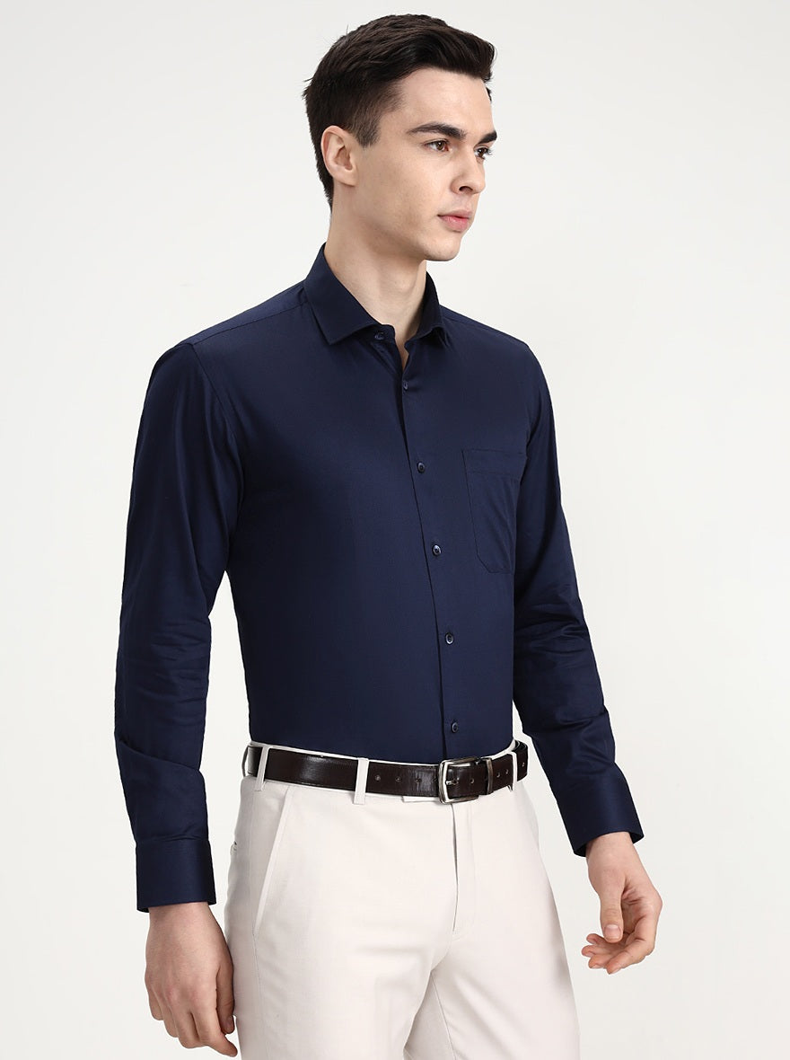 Navy Blue Solid Slim Fit Formal Shirt | Greenfibre