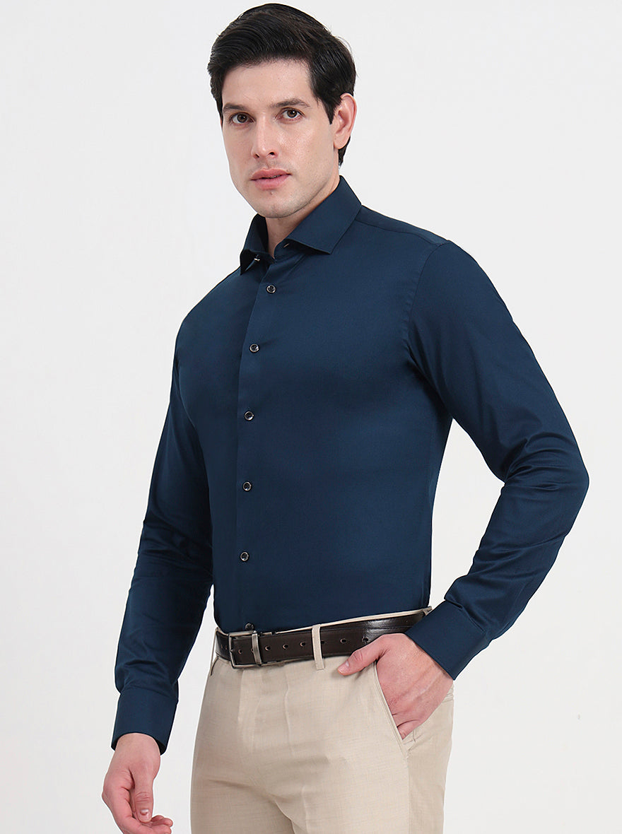 Petrol Blue Solid Slim Fit Party Wear Shirt | Wyre