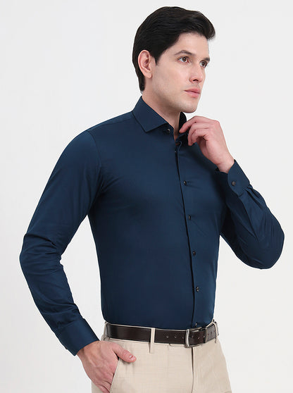 Petrol Blue Solid Slim Fit Party Wear Shirt | Wyre