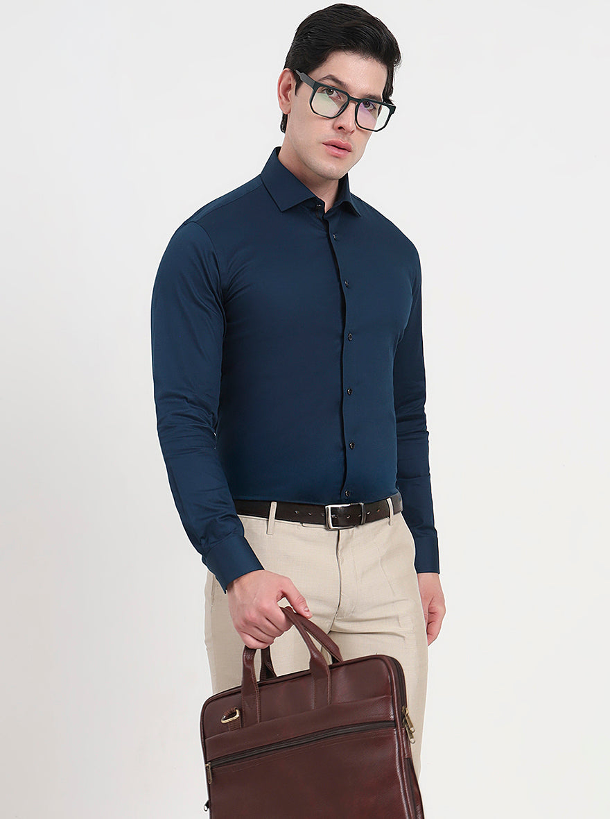 Petrol Blue Solid Slim Fit Party Wear Shirt | Wyre