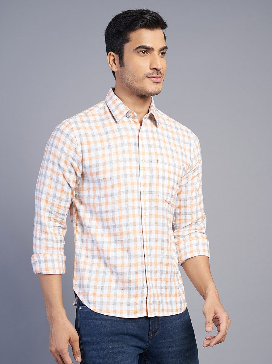 Orange Checked Slim Fit Semi Casual Shirt | JadeBlue