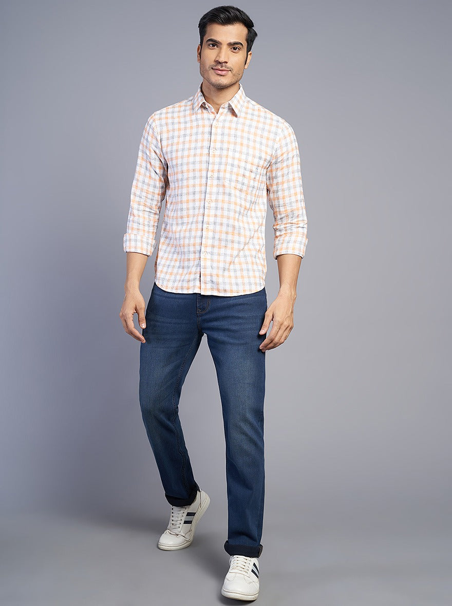 Orange Checked Slim Fit Semi Casual Shirt | JadeBlue