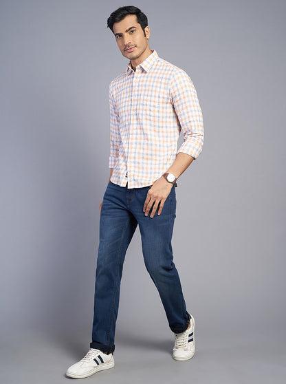 Orange Checked Slim Fit Semi Casual Shirt | JadeBlue