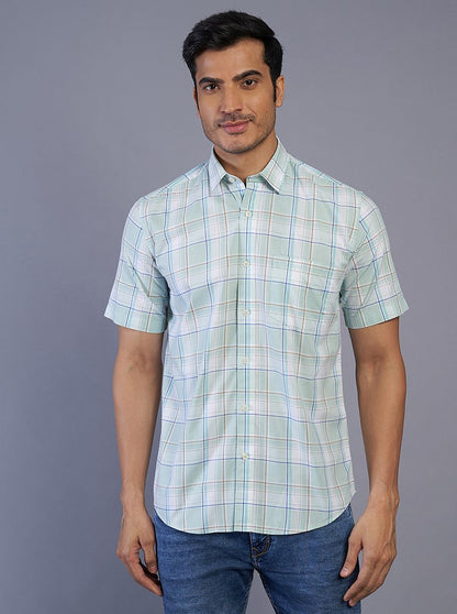 Green Checked Slim Fit Semi Casual Shirt | JadeBlue