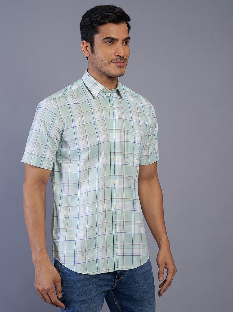 Green Checked Slim Fit Semi Casual Shirt | JadeBlue