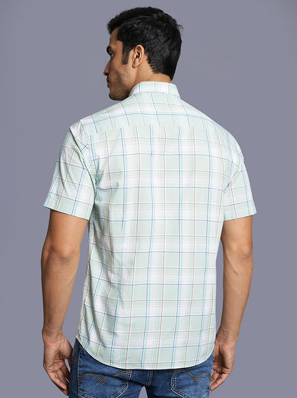 Green Checked Slim Fit Semi Casual Shirt | JadeBlue