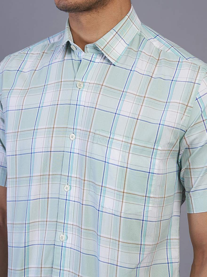 Green Checked Slim Fit Semi Casual Shirt | JadeBlue