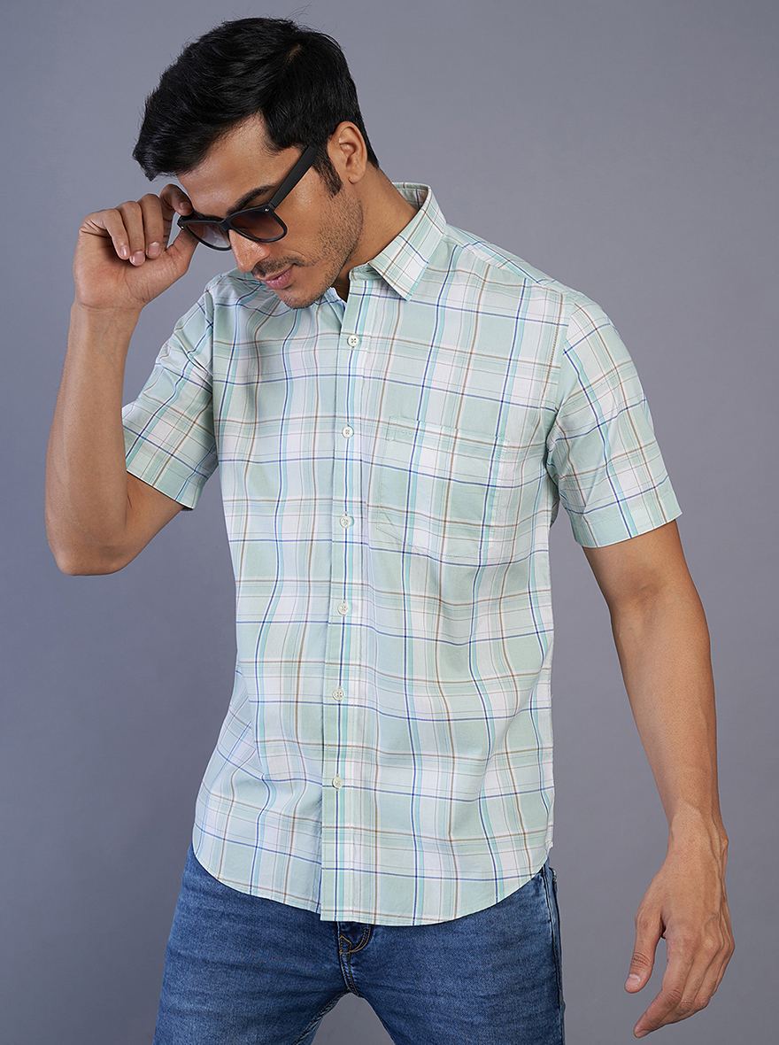 Green Checked Slim Fit Semi Casual Shirt | JadeBlue
