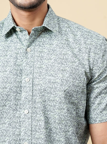 Pista Green Printed Slim Fit Semi Casual Shirt | JadeBlue