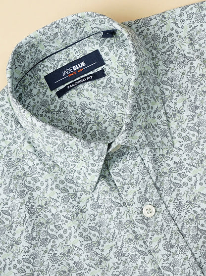 Pista Green Printed Slim Fit Semi Casual Shirt | JadeBlue