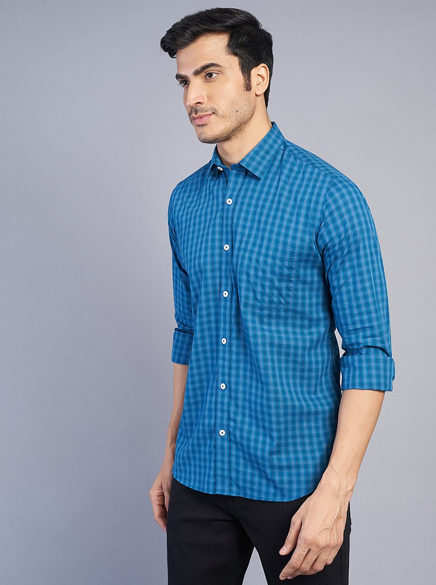 Blue Checked Slim Fit Semi Casual Shirt | JadeBlue