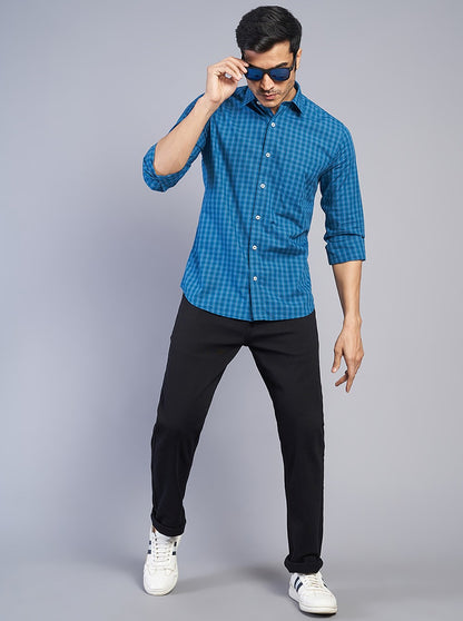 Blue Checked Slim Fit Semi Casual Shirt | JadeBlue