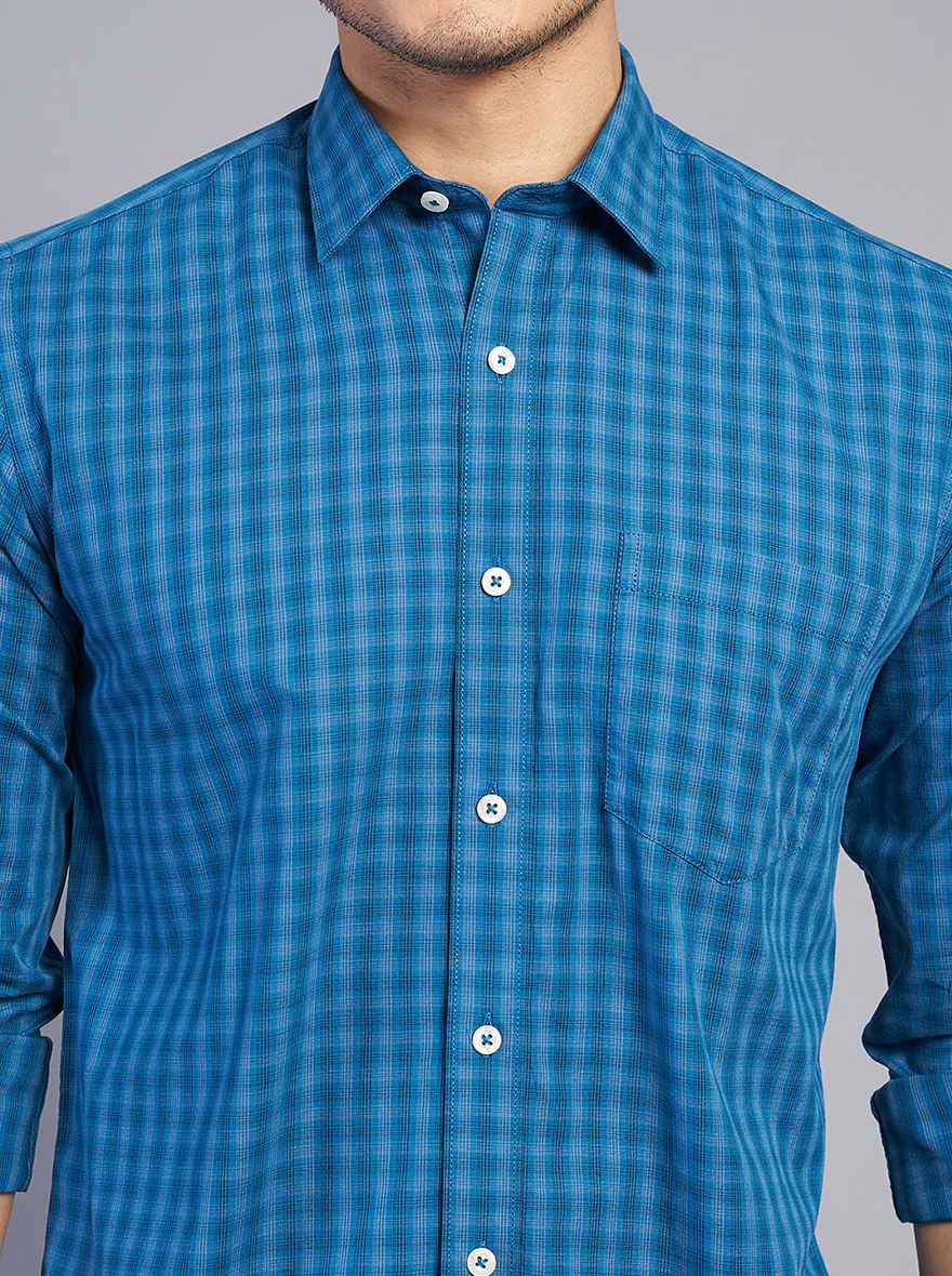 Blue Checked Slim Fit Semi Casual Shirt | JadeBlue