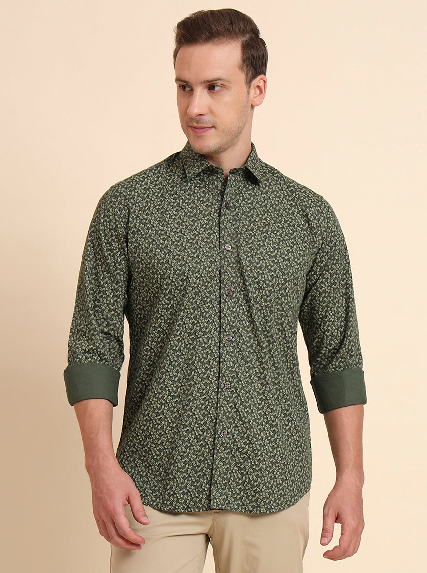 Dark Green Printed Tailored Fit Semi Casual Shirt | JadeBlue