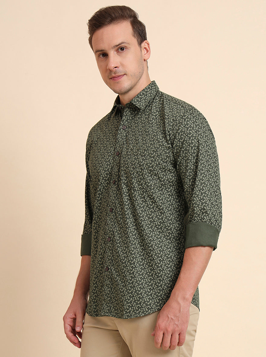 Dark Green Printed Tailored Fit Semi Casual Shirt | JadeBlue