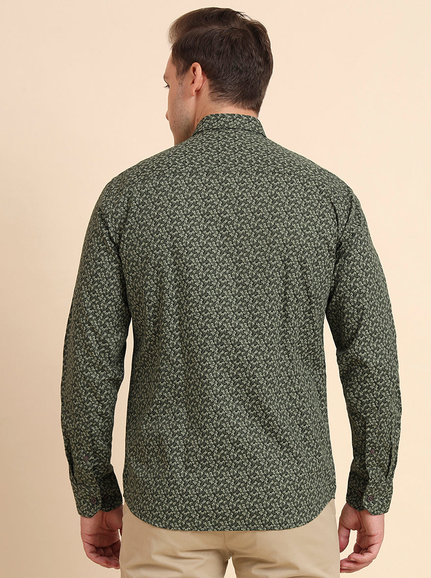 Dark Green Printed Tailored Fit Semi Casual Shirt | JadeBlue