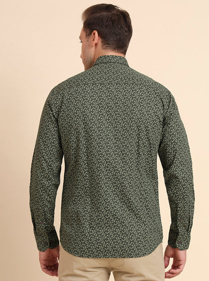 Dark Green Printed Tailored Fit Semi Casual Shirt | JadeBlue