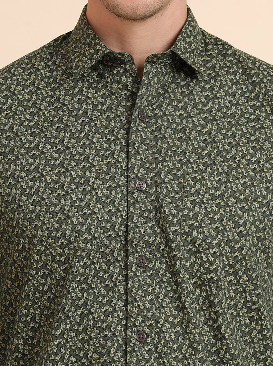 Dark Green Printed Tailored Fit Semi Casual Shirt | JadeBlue