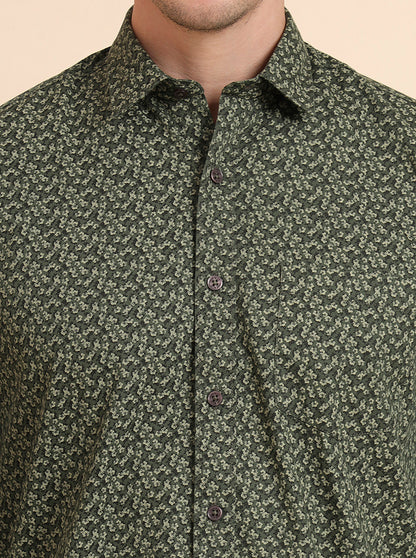 Dark Green Printed Tailored Fit Semi Casual Shirt | JadeBlue