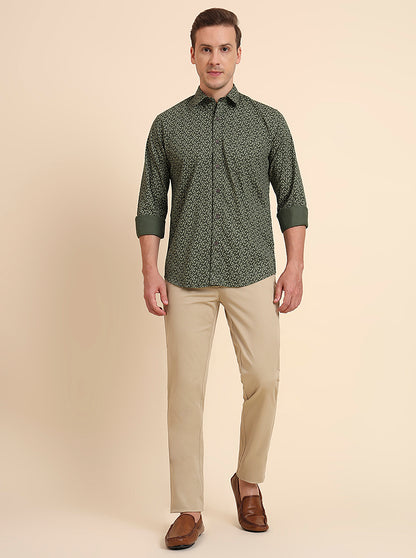 Dark Green Printed Tailored Fit Semi Casual Shirt | JadeBlue