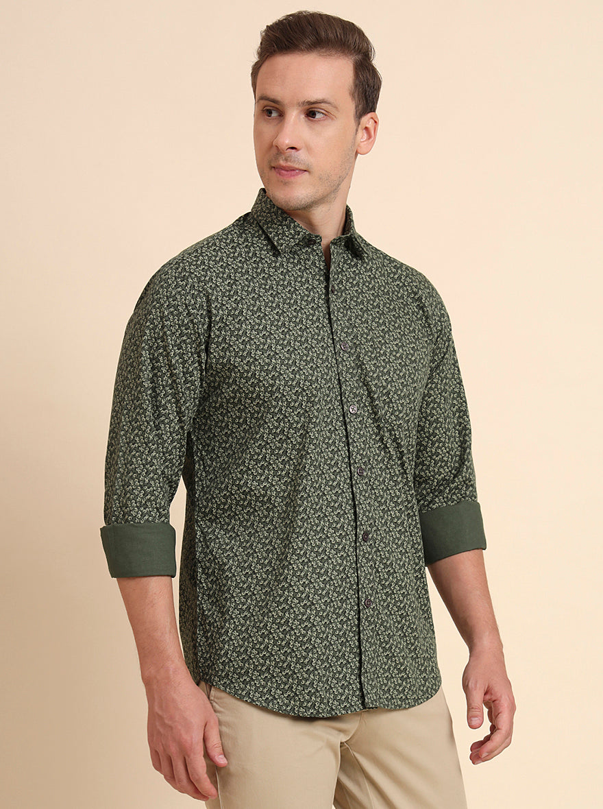 Dark Green Printed Tailored Fit Semi Casual Shirt | JadeBlue